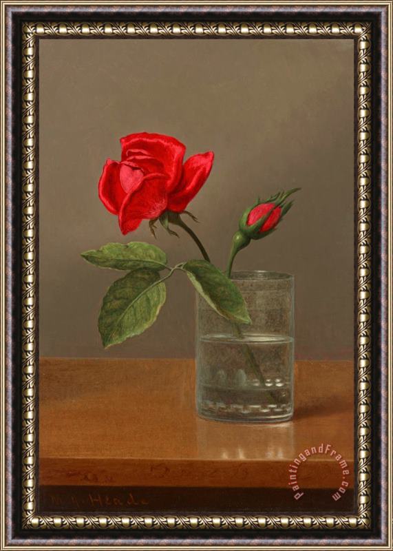 Martin Johnson Heade Red Rose And Bud in a Tumbler on a Shiny Table Framed Painting