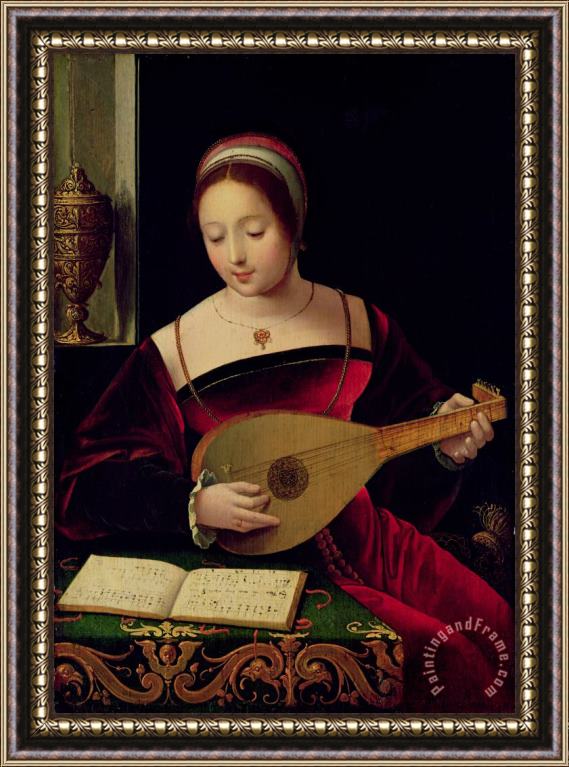 Master of the Female Half Lengths Mary Magdalene Playing the Lute Framed Painting