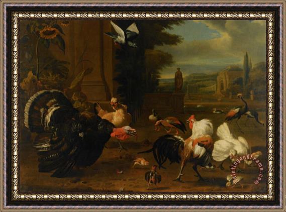 Melchior de Hondecoeter A Palace Garden with Exotic Birds And Farmyard Fowl Framed Painting