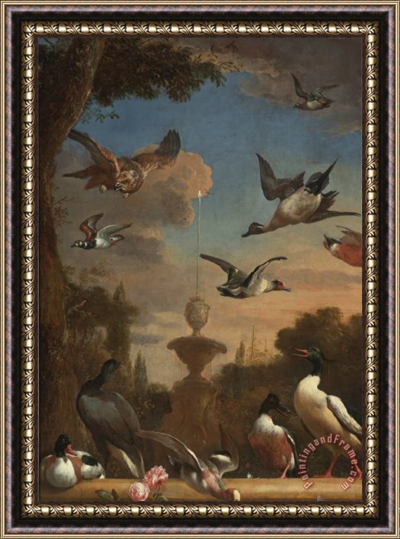 Melchior de Hondecoeter Classical Garden Landscape with a Mallard, a Golden Eagle, And Other Wild Fowl in Flight Framed Painting