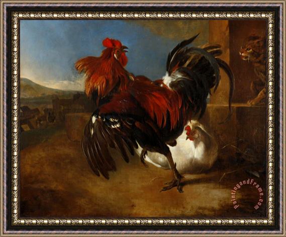 Melchior de Hondecoeter Poultry Yard with Angered Cock Framed Painting