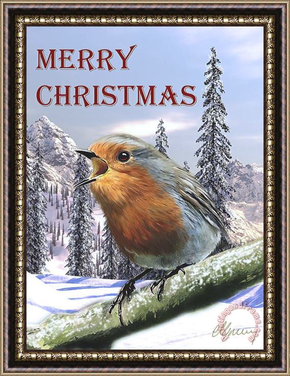 Michael Greenaway Christmas Card Red Robin Framed Painting