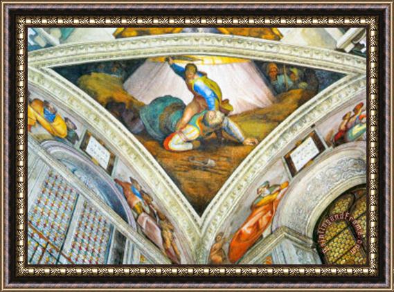 Michelangelo Buonarroti Ceiling Fresco of Creation in The Sistine Chapel Scene in Bezel David an Framed Print