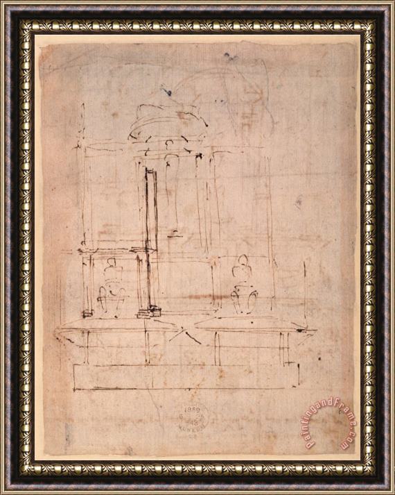 Michelangelo Buonarroti Design for The Tomb of Pope Julius II 1453 1513 Brown Ink on Paper Verso Framed Painting