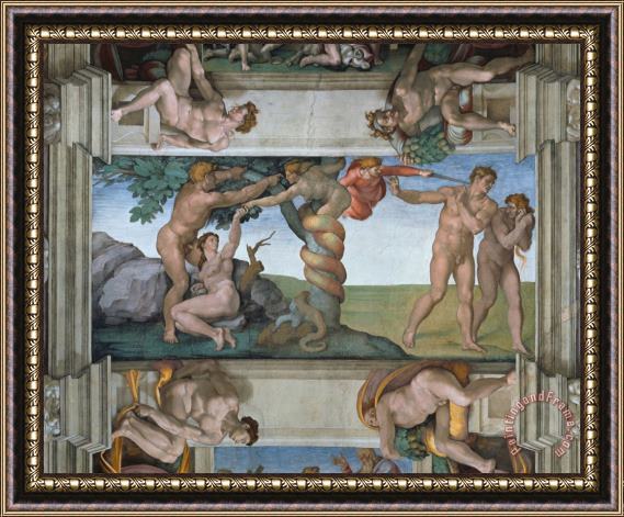 Michelangelo Buonarroti Fall of Mankind And Expulsion From Paradise Ceiling Painting in The Sistine Chapel Framed Painting