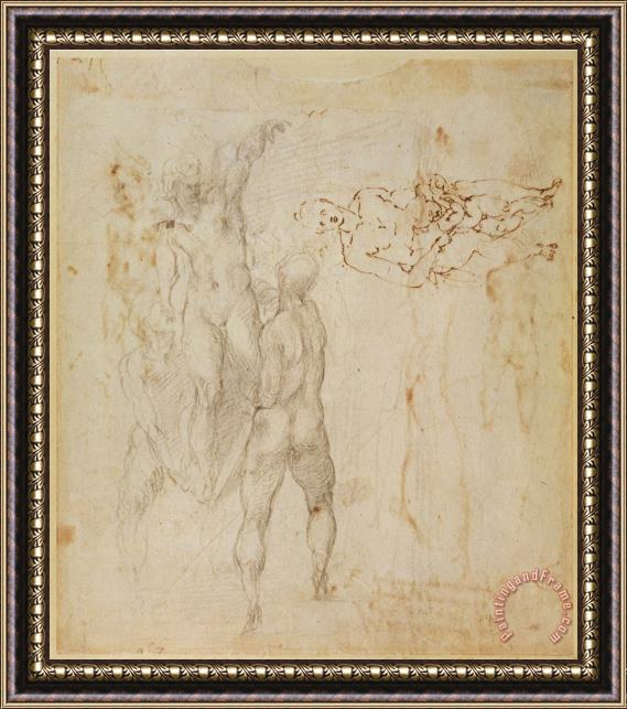 Michelangelo Buonarroti Male Group And Seated Figure with Child Pen And Ink Charcoal Framed Painting