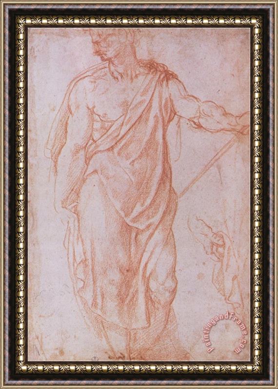 Michelangelo Buonarroti Sketch of a Man Holding a Staff And a Study of a Hand Framed Print