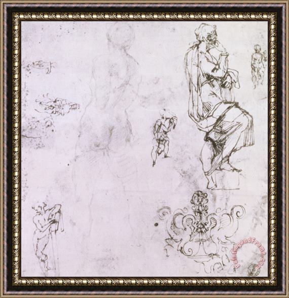 Michelangelo Buonarroti Sketches of Male Nudes a Madonna And Child And a Decorative Emblem Framed Print