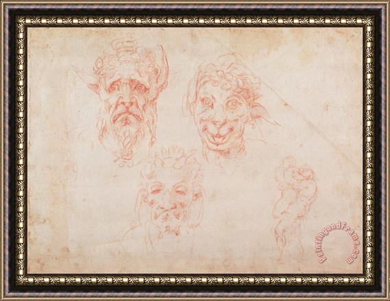 Michelangelo Buonarroti Sketches of Satyrs Faces Framed Print