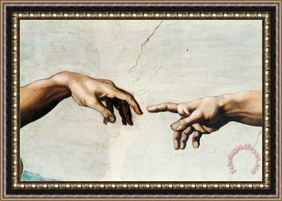 Michelangelo Buonarroti The Creation of Adam Detail of God S And Adam S Hands From The Sistine Ceiling Framed Painting