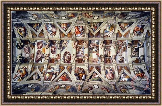 Michelangelo Buonarroti The Sistine Chapel Ceiling Frescos After Restoration Framed Painting