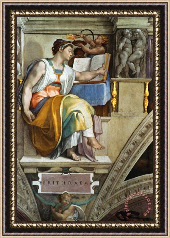 Michelangelo Buonarroti The Sistine Chapel Ceiling Frescos After Restoration The Erithrean Sibyl Framed Painting