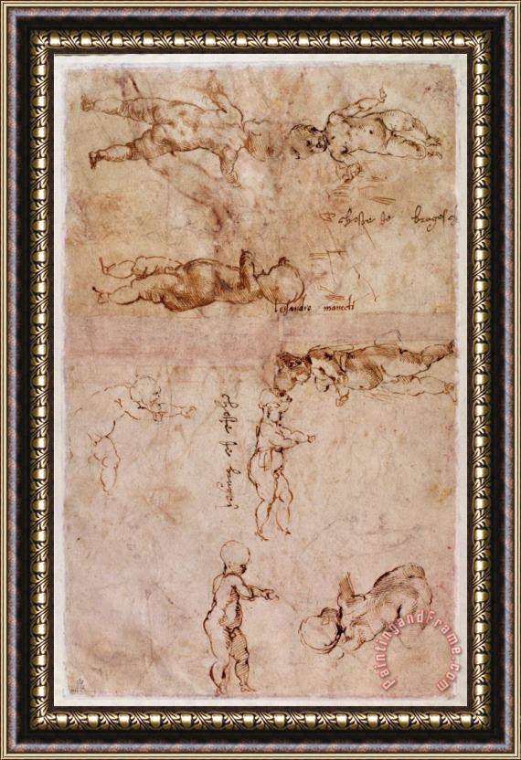 Michelangelo Buonarroti W 4v Page of Sketches of Babies Or Cherubs Framed Print