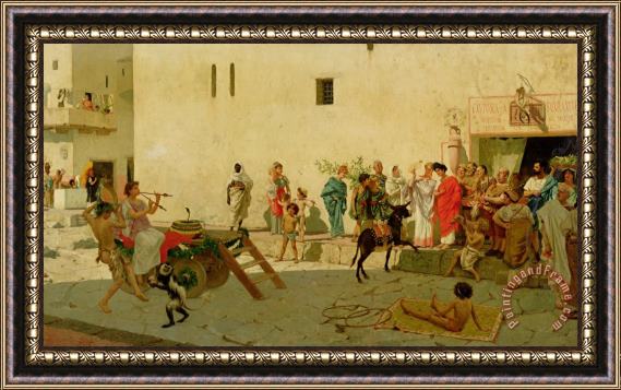 Modesto Faustini A Roman Street Scene with Musicians and a Performing Monkey Framed Painting