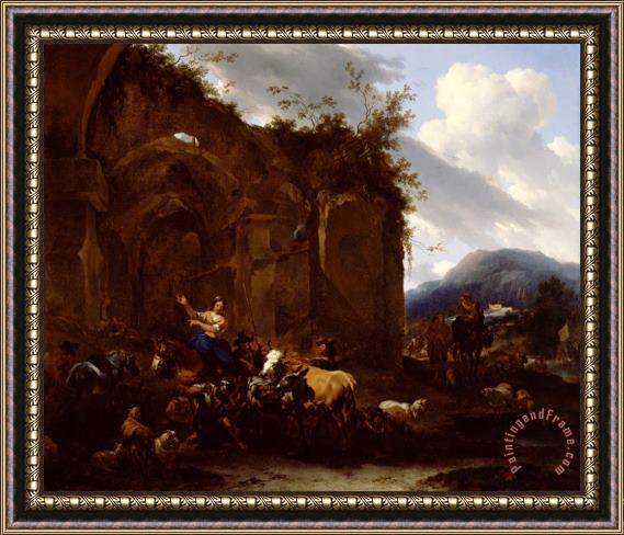 Nicolaes Pietersz Berchem A Farrier And Peasants Near Roman Ruins Framed Painting