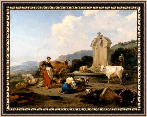 Nicolaes Pietersz Berchem Roman Fountain with Cattle And Figures (le Midi) Framed Print