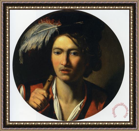 Nicolas Regnier Portrait of a Young Man Bust Length Holding a Flute And Wearing a Feather in His Hat Framed Print