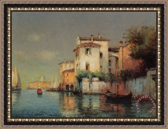 Noel Bouvard Venetian Canal Scene with Fishing Boats And Gondolas Framed Print