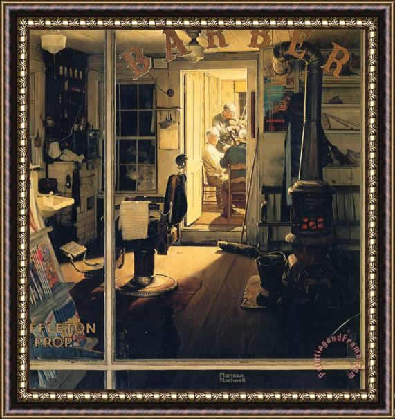 Norman Rockwell Shuffleton S Barbershop 1950 Framed Painting