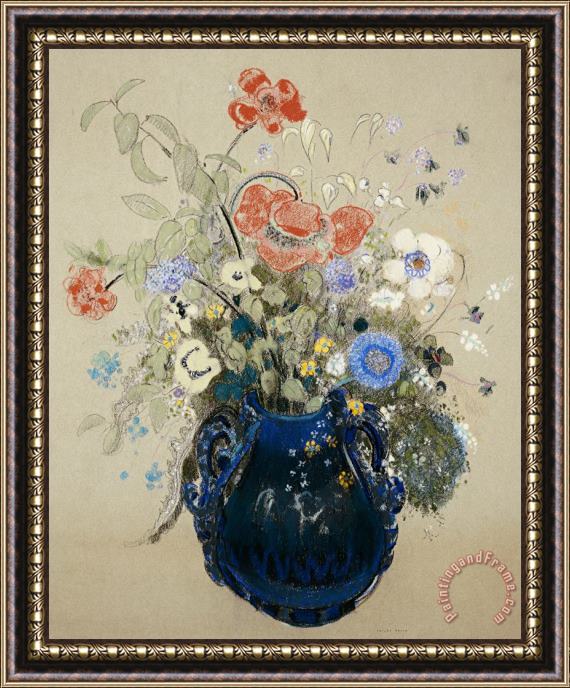 Odilon Redon A Vase Of Blue Flowers Framed Painting