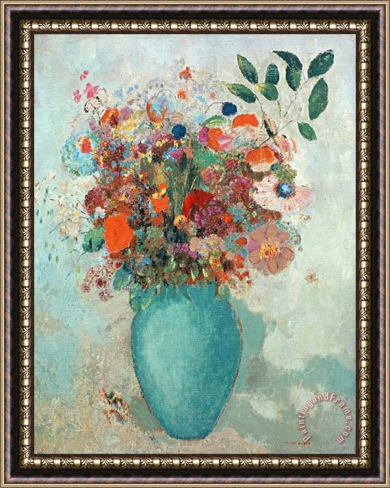 Odilon Redon Flowers In A Turquoise Vase Framed Painting