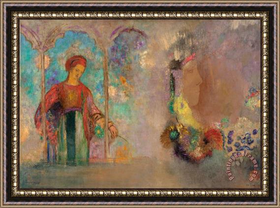 Odilon Redon Woman in a Gothic Arcade Woman with Flowers Framed Print