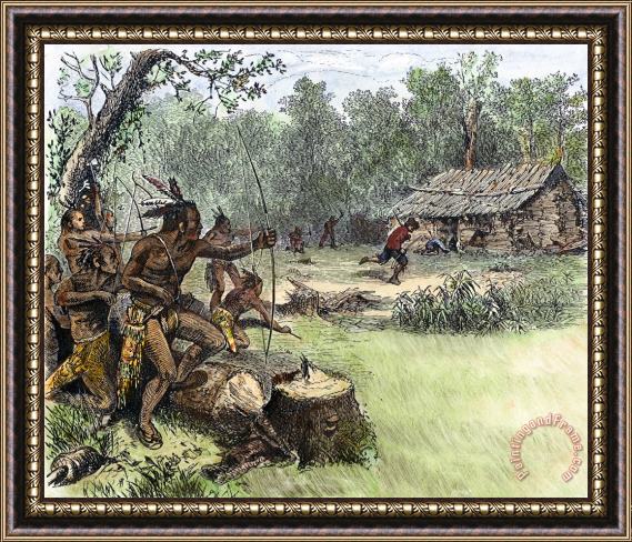 Others NATIVE AMERICAN ATTACK, c1640 Framed Painting