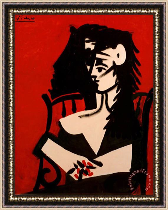Pablo Picasso Jacqueline a Mantille Sur Fond Rouge Framed Painting