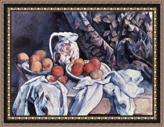 Paul Cezanne Curtain Carafe And Fruit Still Life with Drapery Framed Painting