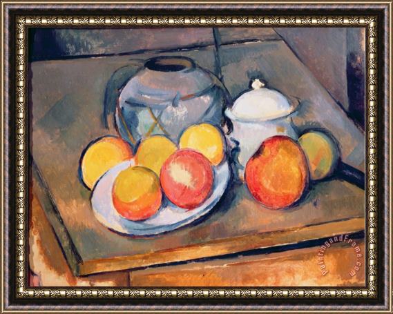 Paul Cezanne Straw Covered Vase Sugar Bowl And Apples 1890 93 Framed Print