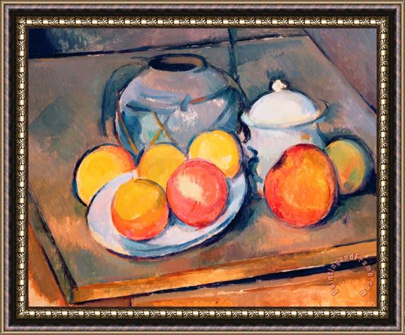 Paul Cezanne Straw Covered Vase Sugar Bowl And Apples Framed Painting