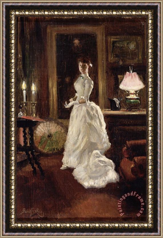 Paul Fischer  Interior scene with a lady in a white evening dress Framed Painting
