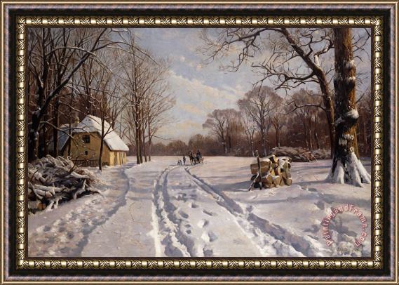 Peder Monsted A Sleigh Ride Through A Winter Landscape Framed Painting