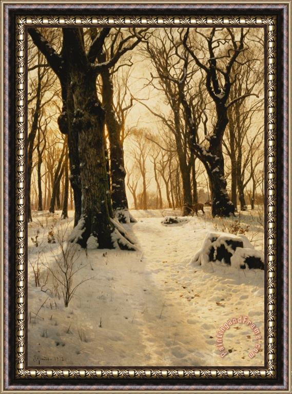 Peder Monsted A Wooded Winter Landscape With Deer Framed Print