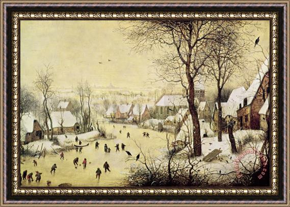Pieter Bruegel the Elder Winter Landscape With Skaters And A Bird Trap Framed Painting