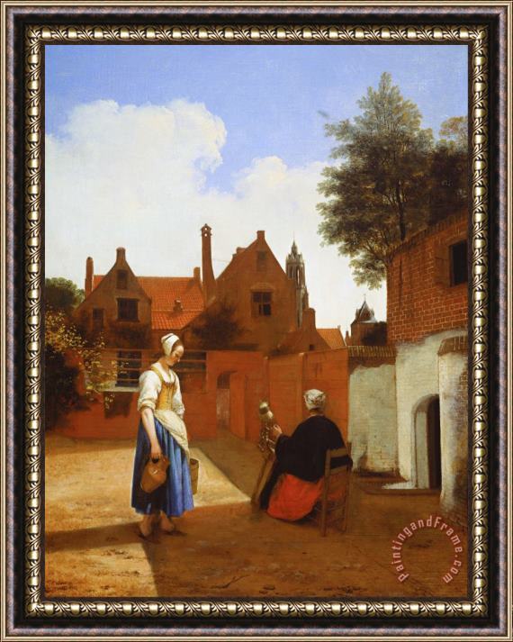 Pieter de Hooch Courtyard in Delft at Evening a Woman Spinning Framed Print