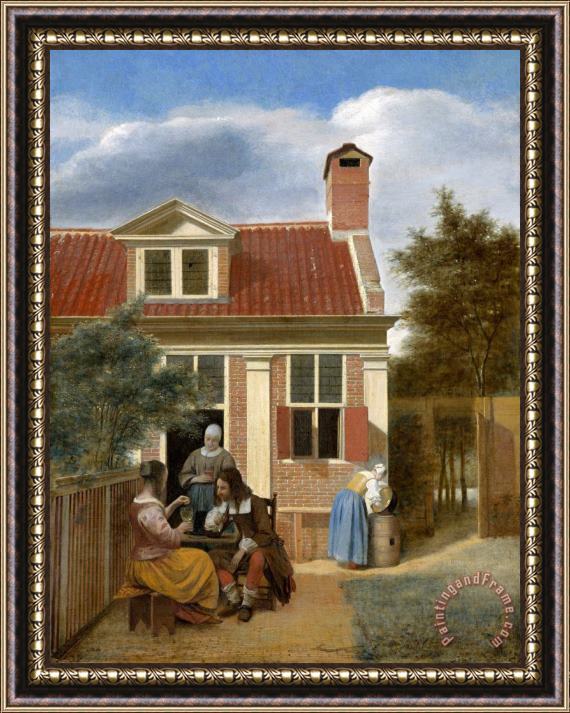 Pieter de Hooch Three Women And a Man in a Yard Behind a House Framed Painting