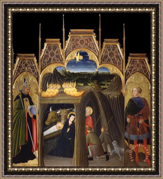Pietro di Giovanni d'Ambrogio Adoration of The Shepherds Between Saints Augustin And Galgano Framed Painting