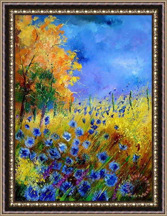 Pol Ledent Orange tree and blue cornflowers Framed Painting
