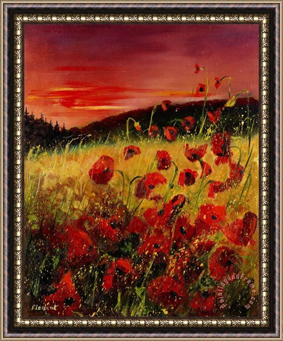 Pol Ledent Red poppies and sunset Framed Painting