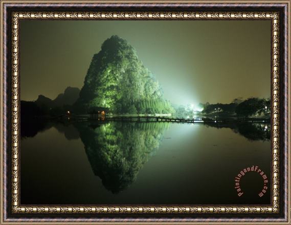 Raymond Gehman A Large Rock Formation Or Mountain on Shore of Star Lake at Night Framed Painting