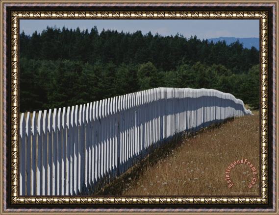 Raymond Gehman A White Picket Fence Recedes Down a Field Framed Painting