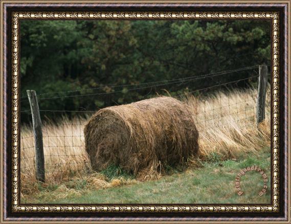 Raymond Gehman Barbed Wire Fence And Hay Roll in Farmers Field Tye River Gap Framed Print