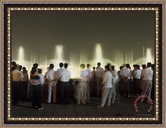 Raymond Gehman Chinese People Watching a Lighted Musical Water Fountain at Night Framed Painting