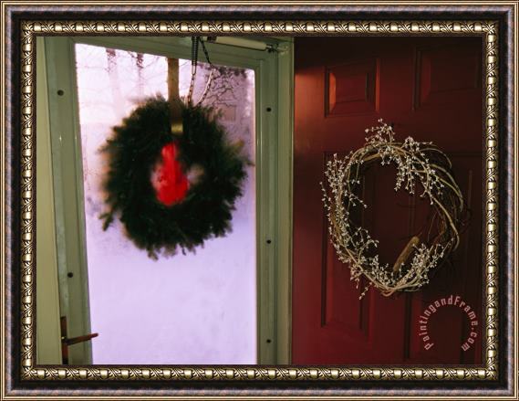 Raymond Gehman Christmas Wreaths Hanging on The Storm And Front Doors of a House Framed Painting