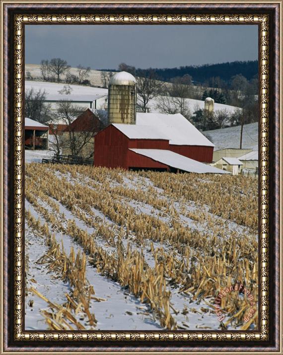 Raymond Gehman Corn Stubble And Barn in a Wintery Pennsylvania Landscape Framed Painting