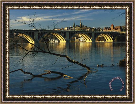 Raymond Gehman Dusk View of Georgetown University Beyond Key Bridge Over The Potomac River Framed Print