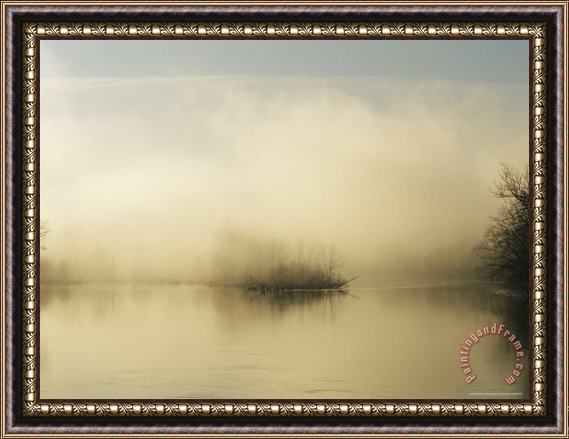 Raymond Gehman Fog Surrounds a Small Island in The James River at Dawn Framed Painting