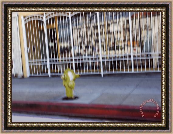 Raymond Gehman Gate Across a Storefront And Fire Hydrant on The Sidewalk Framed Print