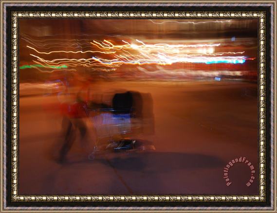 Raymond Gehman Man Pushing a Shopping Cart on a San Francisco Street at Night Framed Painting